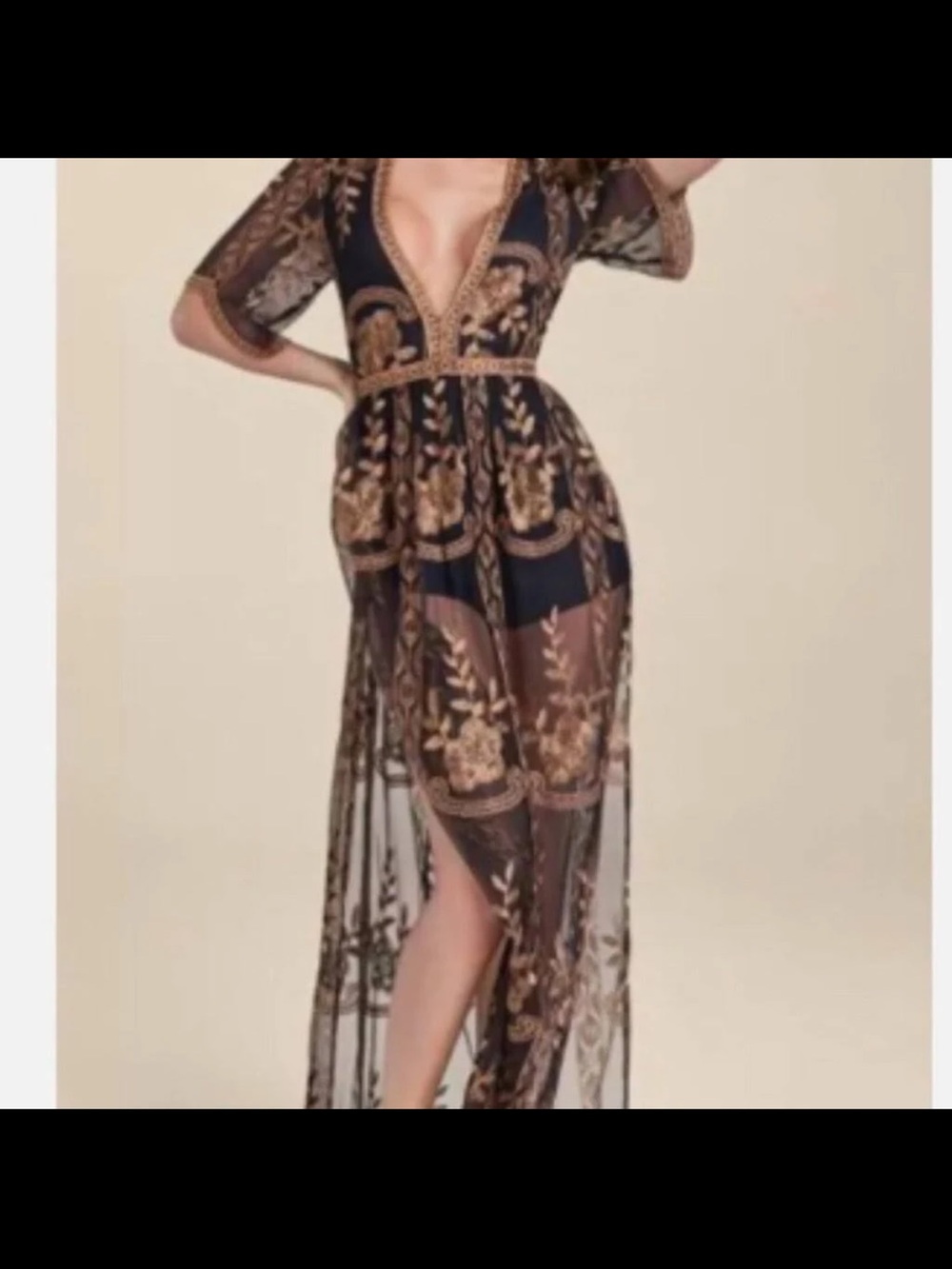 VENUS Black Sheer Maxi Dress with Gold Embroidered Motifs